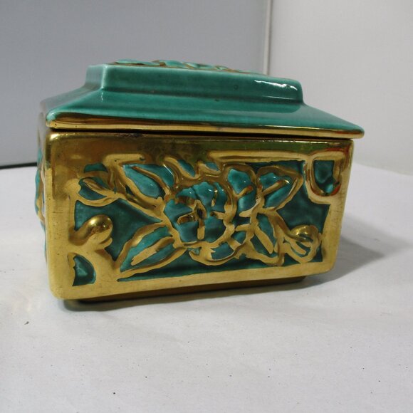 Pretty Vintage Green & Gold Lidded Ceramic Scraffito Design Box - Picture 4 of 9